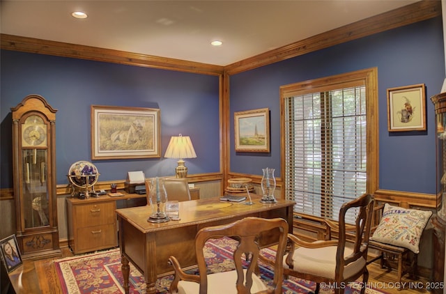 5140 E 107th Pl, Tulsa, OK 74137 - home office with crown molding, wainscoting, wood finished floors, and recessed lighting
