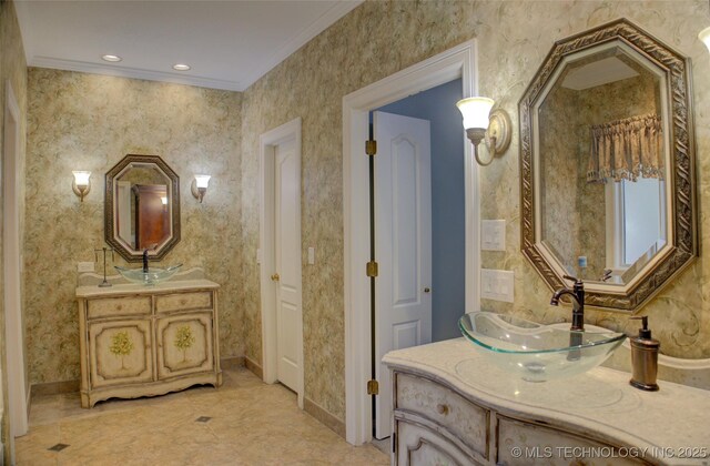 5140 E 107th Pl, Tulsa, OK 74137 - full bathroom with two vanities and ornamental molding