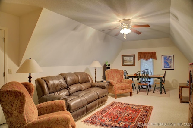 5140 E 107th Pl, Tulsa, OK 74137 - carpeted living area with ceiling fan and vaulted ceiling