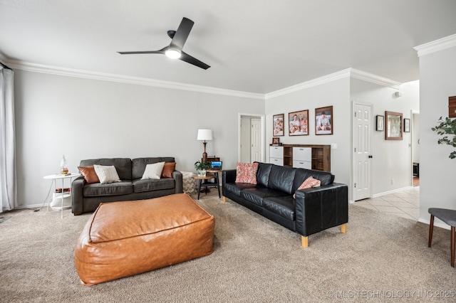 3305 N Oak Ave, Broken Arrow, OK 74012 - carpeted living area featuring crown molding and a ceiling fan