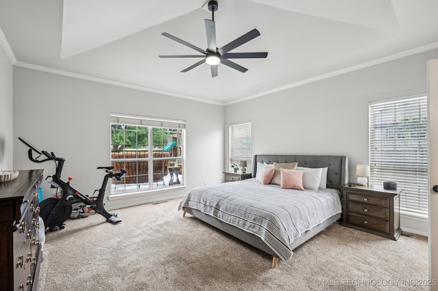 3305 N Oak Ave, Broken Arrow, OK 74012 - bedroom featuring carpet, ornamental molding, ceiling fan, and vaulted ceiling