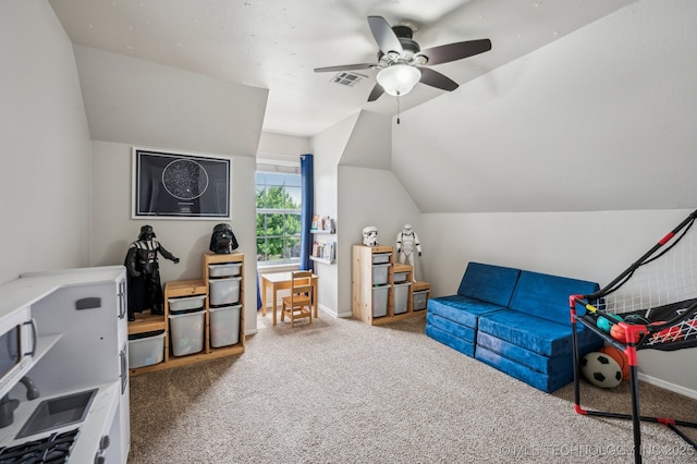 3305 N Oak Ave, Broken Arrow, OK 74012 - bedroom featuring carpet, vaulted ceiling, and a ceiling fan