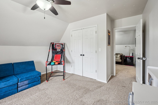 3305 N Oak Ave, Broken Arrow, OK 74012 - living area featuring carpet flooring, ceiling fan, and lofted ceiling