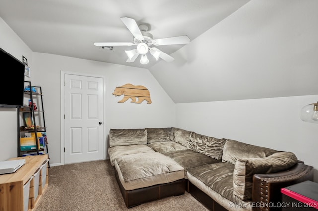 3305 N Oak Ave, Broken Arrow, OK 74012 - living room with carpet floors, a ceiling fan, and vaulted ceiling