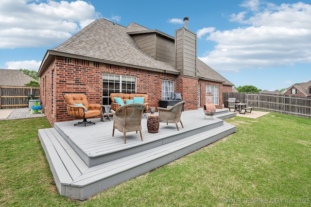 3305 N Oak Ave, Broken Arrow, OK 74012 - rear view of house featuring an outdoor hangout area, brick siding, a fenced backyard, and a chimney