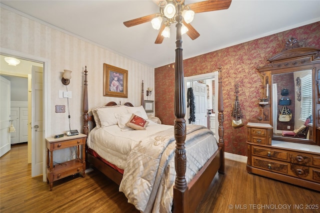 2403 S Troost Ave, Tulsa, OK 74114 - bedroom with wallpapered walls, wood finished floors, ornamental molding, baseboards, and ceiling fan
