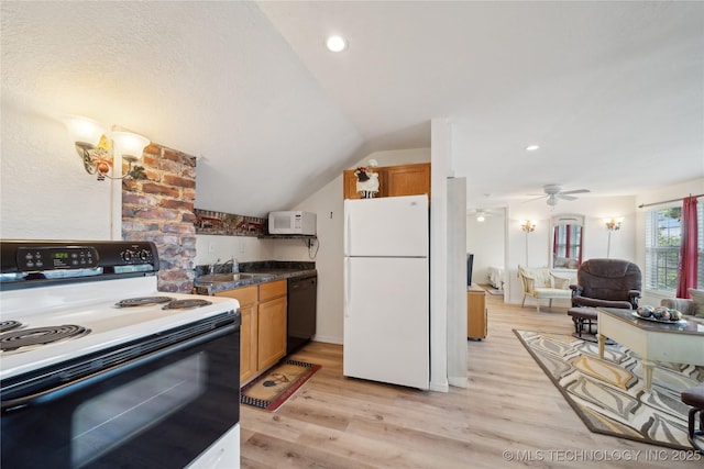 2403 S Troost Ave, Tulsa, OK 74114 - kitchen with white appliances, a sink, light wood-type flooring, dark countertops, and open floor plan