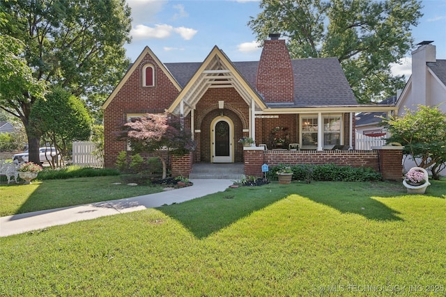 2403 S Troost Ave, Tulsa, OK 74114 - tudor house featuring brick siding, a chimney, and roof with shingles