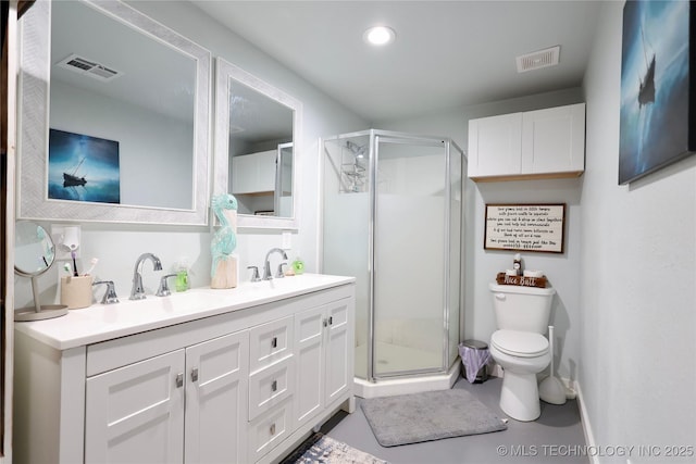 6854 Delores Dr, Sulphur, OK 73086 - bathroom featuring toilet, a shower stall, double vanity, recessed lighting, and baseboards