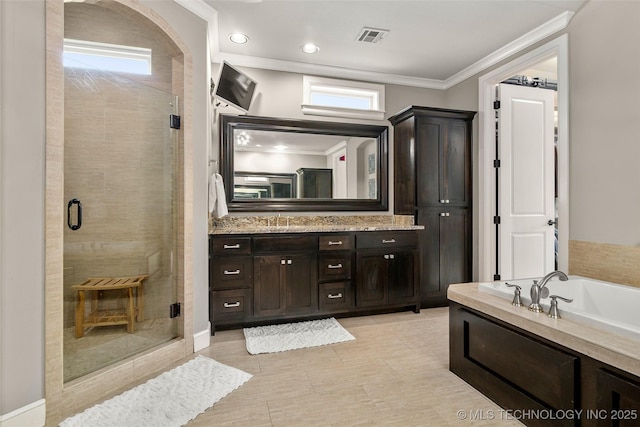 12014 S Kingston Pl, Tulsa, OK 74137 - full bath featuring crown molding, a shower stall, vanity, and a bath