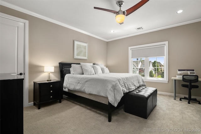 12014 S Kingston Pl, Tulsa, OK 74137 - bedroom featuring crown molding, recessed lighting, light carpet, and a ceiling fan