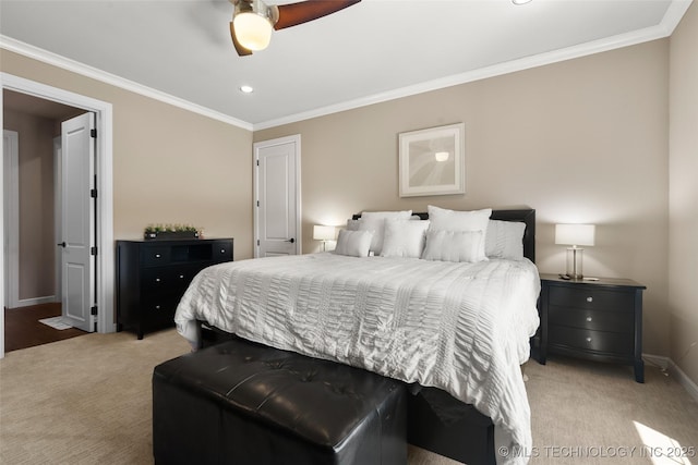 12014 S Kingston Pl, Tulsa, OK 74137 - bedroom with light carpet, crown molding, baseboards, a ceiling fan, and recessed lighting