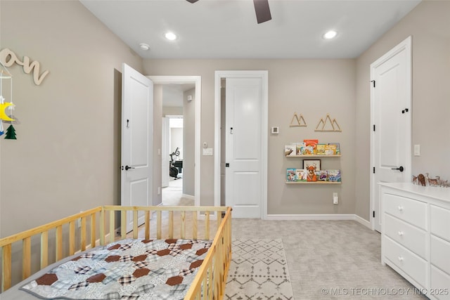 12014 S Kingston Pl, Tulsa, OK 74137 - bedroom featuring light carpet, recessed lighting, a ceiling fan, and baseboards