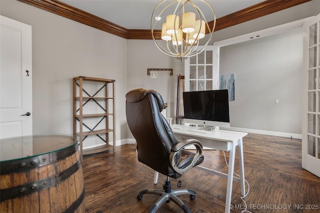 12014 S Kingston Pl, Tulsa, OK 74137 - home office with ornamental molding, a chandelier, baseboards, and wood finished floors