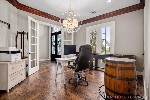12014 S Kingston Pl, Tulsa, OK 74137 - office space with french doors, crown molding, baseboards, a chandelier, and dark wood-type flooring