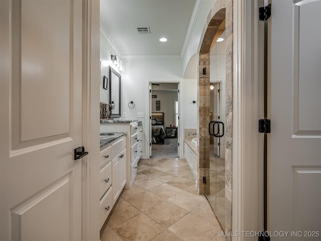 2915 E Rockford Pl, Broken Arrow, OK 74014 - full bathroom featuring crown molding, vanity, a shower stall, ensuite bath, and a bath
