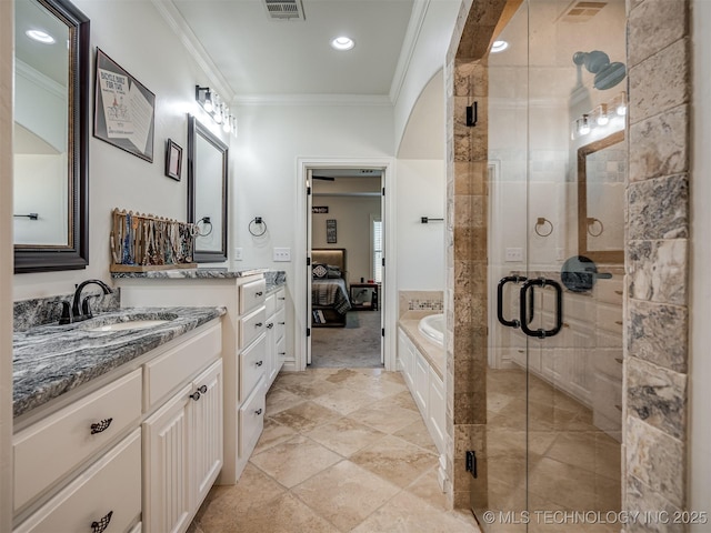 2915 E Rockford Pl, Broken Arrow, OK 74014 - ensuite bathroom featuring ornamental molding, a garden tub, a shower stall, vanity, and recessed lighting