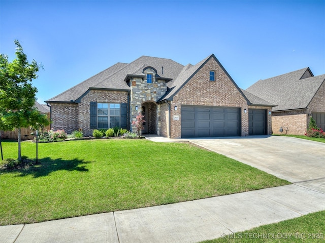 2915 E Rockford Pl, Broken Arrow, OK 74014 - french provincial home featuring a garage, a front yard, brick siding, concrete driveway, and roof with shingles