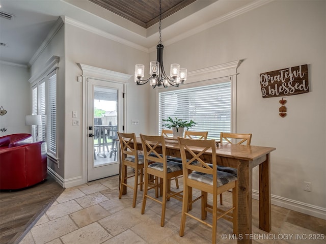 2915 E Rockford Pl, Broken Arrow, OK 74014 - dining room featuring a chandelier, ornamental molding, stone tile floors, baseboards, and a raised ceiling