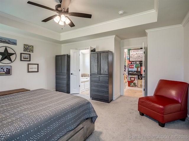 2915 E Rockford Pl, Broken Arrow, OK 74014 - bedroom featuring a tray ceiling, light colored carpet, crown molding, ensuite bathroom, and a ceiling fan