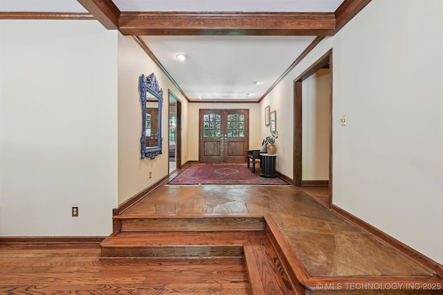 3898 E 72nd St, Tulsa, OK 74136 - entrance foyer with ornamental molding, baseboards, wood finished floors, and french doors