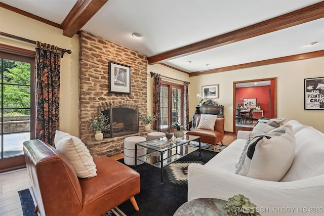 3898 E 72nd St, Tulsa, OK 74136 - living area featuring beam ceiling, wood finished floors, a fireplace, and crown molding