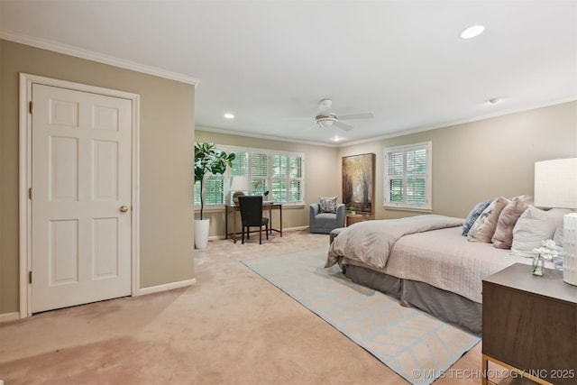 3898 E 72nd St, Tulsa, OK 74136 - bedroom featuring light colored carpet, ornamental molding, recessed lighting, baseboards, and a ceiling fan