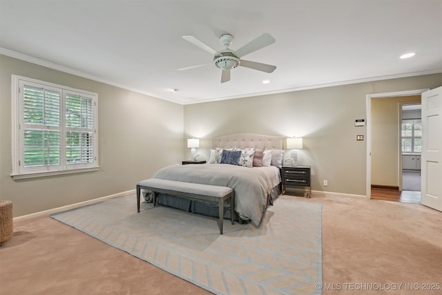 3898 E 72nd St, Tulsa, OK 74136 - carpeted bedroom with ornamental molding, baseboards, ceiling fan, and recessed lighting