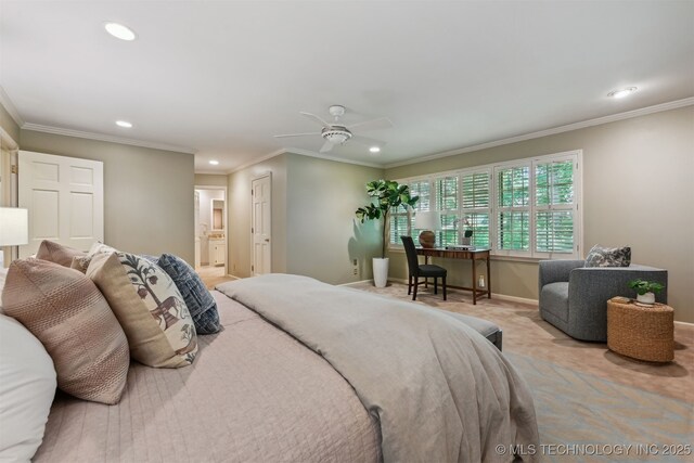 3898 E 72nd St, Tulsa, OK 74136 - bedroom with recessed lighting, carpet, baseboards, crown molding, and ensuite bathroom