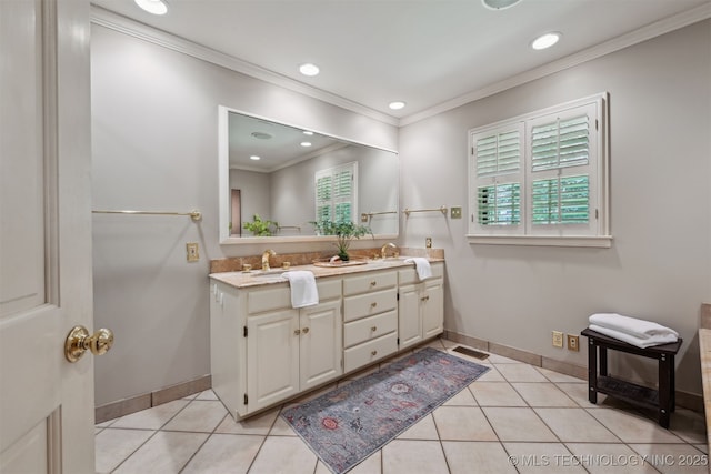 3898 E 72nd St, Tulsa, OK 74136 - full bathroom featuring double vanity, crown molding, tile patterned flooring, baseboards, and recessed lighting