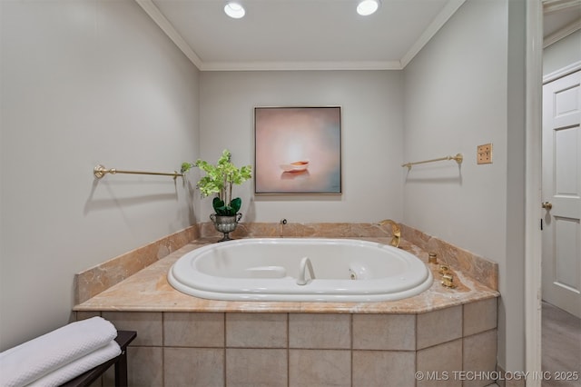 3898 E 72nd St, Tulsa, OK 74136 - full bath featuring a tub with jets, crown molding, and recessed lighting