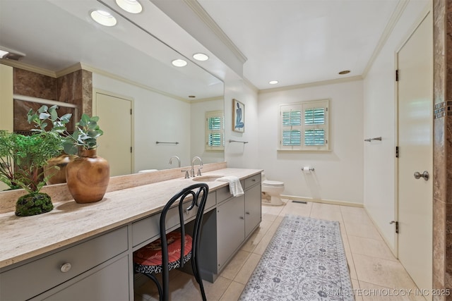 3898 E 72nd St, Tulsa, OK 74136 - bathroom with vanity, toilet, ornamental molding, tile patterned floors, and recessed lighting