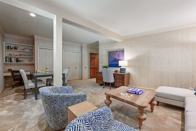 3898 E 72nd St, Tulsa, OK 74136 - living area featuring crown molding, light colored carpet, beam ceiling, and an office area