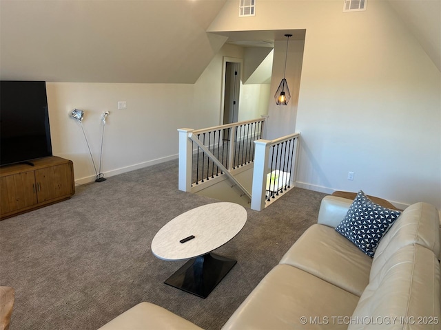 56648 Bloomer Rd, Afton, OK 74331 - living area featuring carpet floors, lofted ceiling, and baseboards