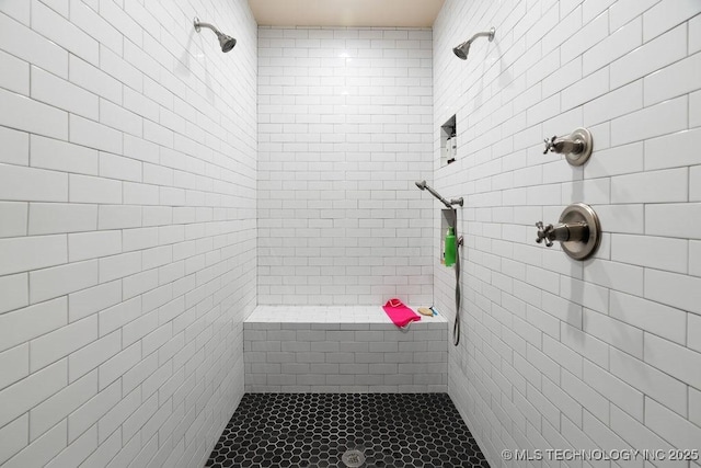 589 Three Mile Rd, Durant, OK 74701 - bathroom with a tile shower, pet washing area, and tile patterned flooring