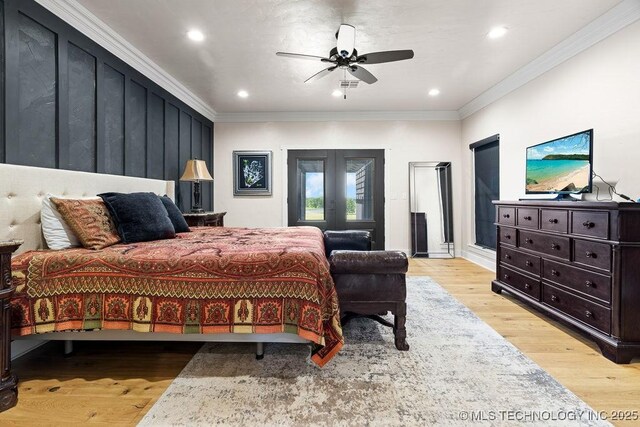 589 Three Mile Rd, Durant, OK 74701 - bedroom featuring french doors, ornamental molding, light wood-style flooring, recessed lighting, and a ceiling fan