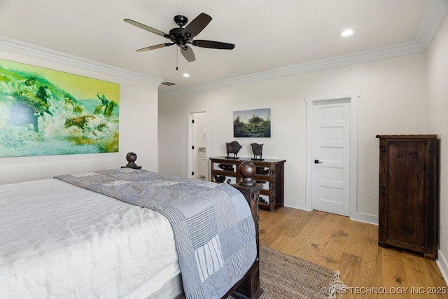 589 Three Mile Rd, Durant, OK 74701 - bedroom featuring ornamental molding, light wood-style floors, recessed lighting, baseboards, and ceiling fan