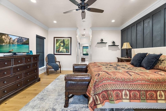 589 Three Mile Rd, Durant, OK 74701 - bedroom featuring ornamental molding, light wood finished floors, baseboards, recessed lighting, and a ceiling fan
