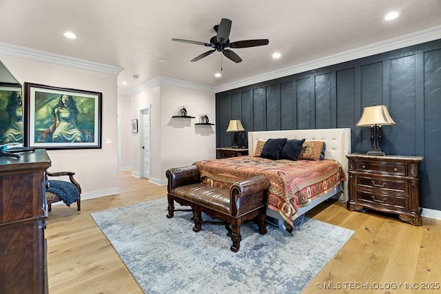589 Three Mile Rd, Durant, OK 74701 - bedroom featuring baseboards, ornamental molding, recessed lighting, light wood finished floors, and ceiling fan