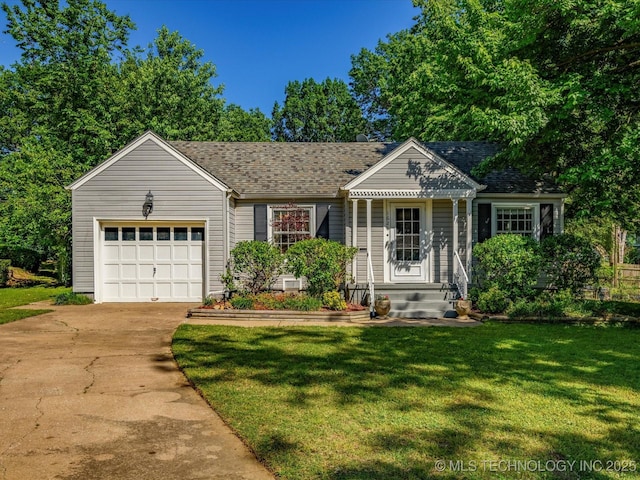 1626 S Dewey Ave, Bartlesville, OK 74003 - view of front of property with an attached garage, concrete driveway, a front yard, and a shingled roof