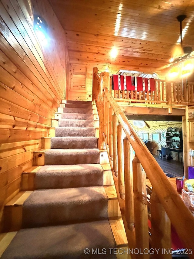 7905 Hornbeam Rd, Henryetta, OK 74437 - stairway with wood walls and wooden ceiling