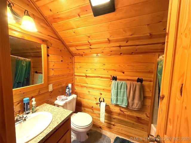 7905 Hornbeam Rd, Henryetta, OK 74437 - bathroom with vaulted ceiling, vanity, wood walls, a shower with curtain, and toilet