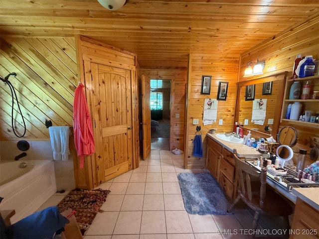 7905 Hornbeam Rd, Henryetta, OK 74437 - bathroom with tile patterned floors, wood walls, vanity, wooden ceiling, and a bath