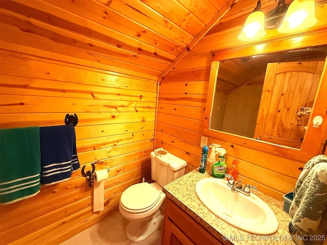 7905 Hornbeam Rd, Henryetta, OK 74437 - bathroom with lofted ceiling, vanity, toilet, wood ceiling, and wood walls