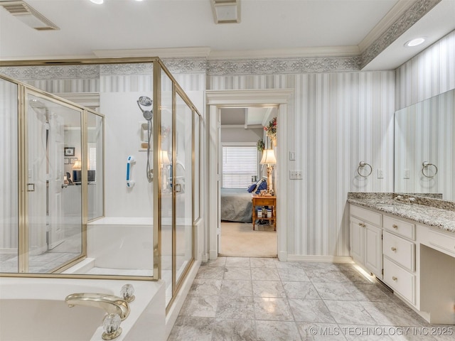 609 E Pensacola St, Broken Arrow, OK 74011 - ensuite bathroom featuring crown molding, a shower stall, vanity, a garden tub, and wallpapered walls