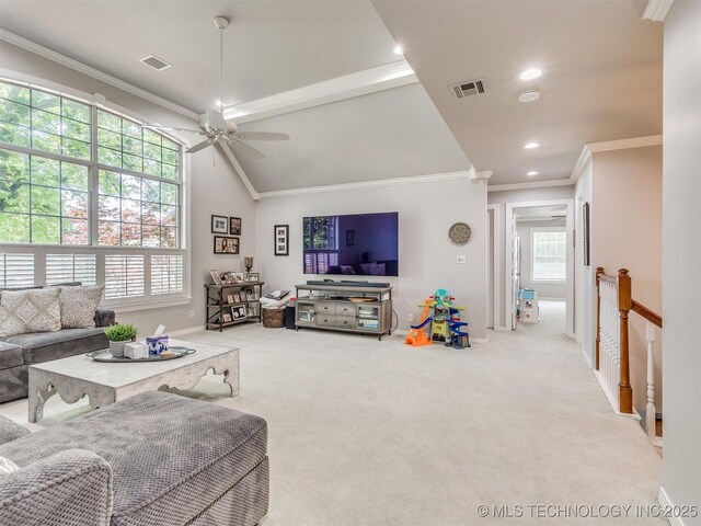 609 E Pensacola St, Broken Arrow, OK 74011 - carpeted living area featuring ceiling fan, ornamental molding, baseboards, lofted ceiling, and recessed lighting