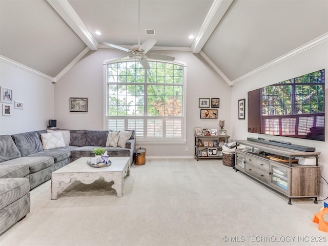 609 E Pensacola St, Broken Arrow, OK 74011 - living room featuring ceiling fan, carpet floors, baseboards, and crown molding