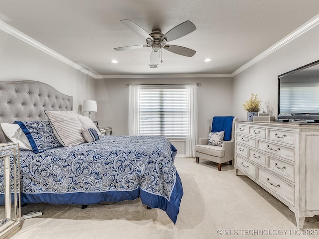 609 E Pensacola St, Broken Arrow, OK 74011 - bedroom with light carpet, crown molding, a ceiling fan, and recessed lighting