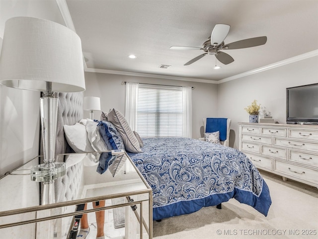 609 E Pensacola St, Broken Arrow, OK 74011 - bedroom with carpet floors, crown molding, ceiling fan, and recessed lighting