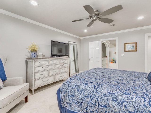 609 E Pensacola St, Broken Arrow, OK 74011 - bedroom with crown molding, light carpet, arched walkways, recessed lighting, and a ceiling fan